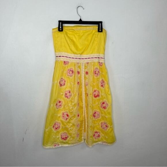 Cynthia Steffe Strapless Embroidered Pink Floral Yellow Lace Strapless Dress - Picture 2 of 16